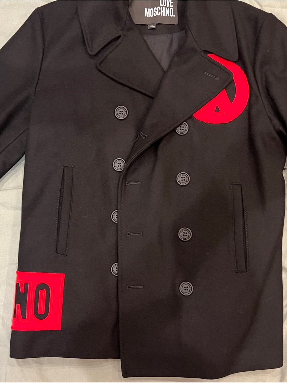 Moschino Black Peacoat with Red Appliqué Details